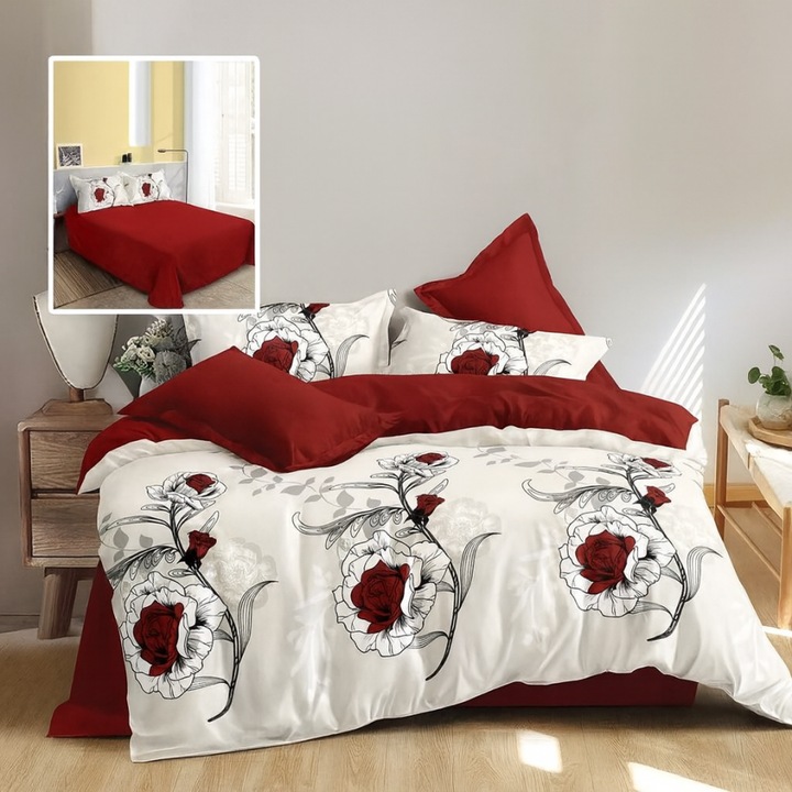 Francia ágyneműhuzat fine szövetből, vörös rózsákkal, 220 x 240 cm, 6 darab, Lenerii Deosebite