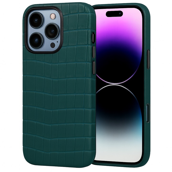 Кейс Lussoloop Crocodile за iPhone 16 Pro Max, Magsafe, Цяло покритие от естествена кожа, крокодилски принт, микрофибърна вътрешна част, ръчна изработка, зелен