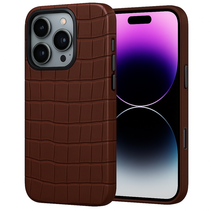 Husa pentru iPhone 16 Pro Max Lussoloop Crocodile, Magsafe, Full Cover din piele naturala, Imprimeu Crocodil, Interior Din Microfibra, Handmade, Maro