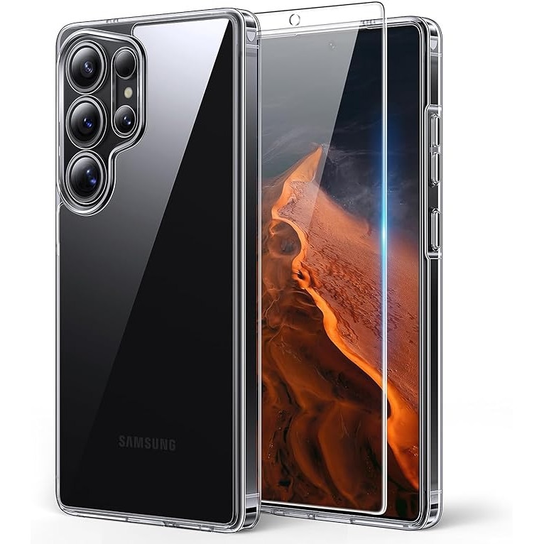 Husa Transparenta 3 in 1 pentru Samsung Galaxy S25 Ultra, cu 2 Folii din Sticla Securizata, Anti-Soc, Anti-Ingalbenire
