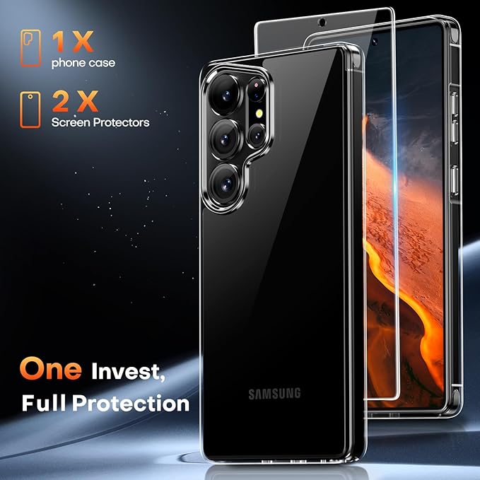 Husa Transparenta 3 in 1 pentru Samsung Galaxy S25 Ultra, cu 2 Folii din Sticla Securizata, Anti-Soc, Anti-Ingalbenire