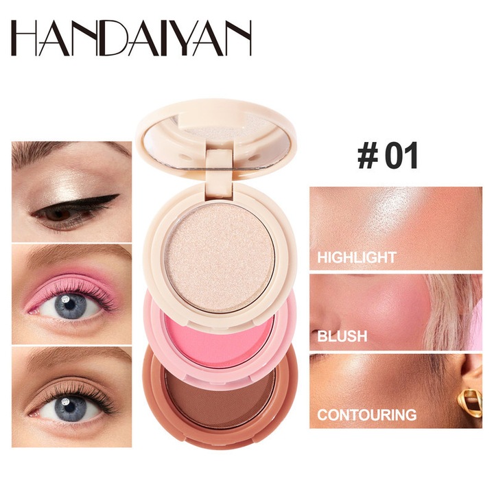 Paleta de machiaj 3 in 1 Handaiyan, Paleta Makeup Trio cu Contur si Blush si Iluminator, Bronzer Cream, Blush Pudra Matasos, Puder Iluminator cu Sclipici, Kit Makeup Compact cu Oglinda, Ideal pentru Calatorii, 01