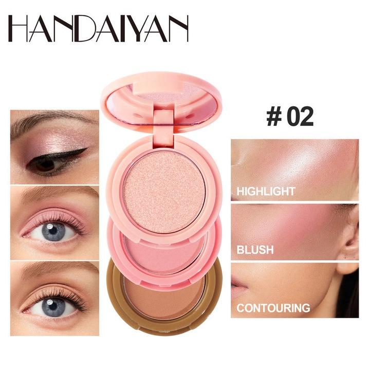 Handaiyan 3 az 1-ben sminkpaletta, Trio sminkpaletta kontúrral és pirosítóval és highlighterrel, krémes bronzosító, selymes matt púderes pirosító, csillogó highlighter púder, kompakt sminkkészlet tükörrel, ideális utazáshoz, 02