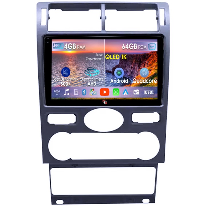 Navigatie dedicata Ford Mondeo 3 2000-2007, 4GB RAM 64GB ROM, Octacore, Android 14, Display QLED 1K 9", Carplay&Android Auto, SIM 4G, Ventilator Activ
