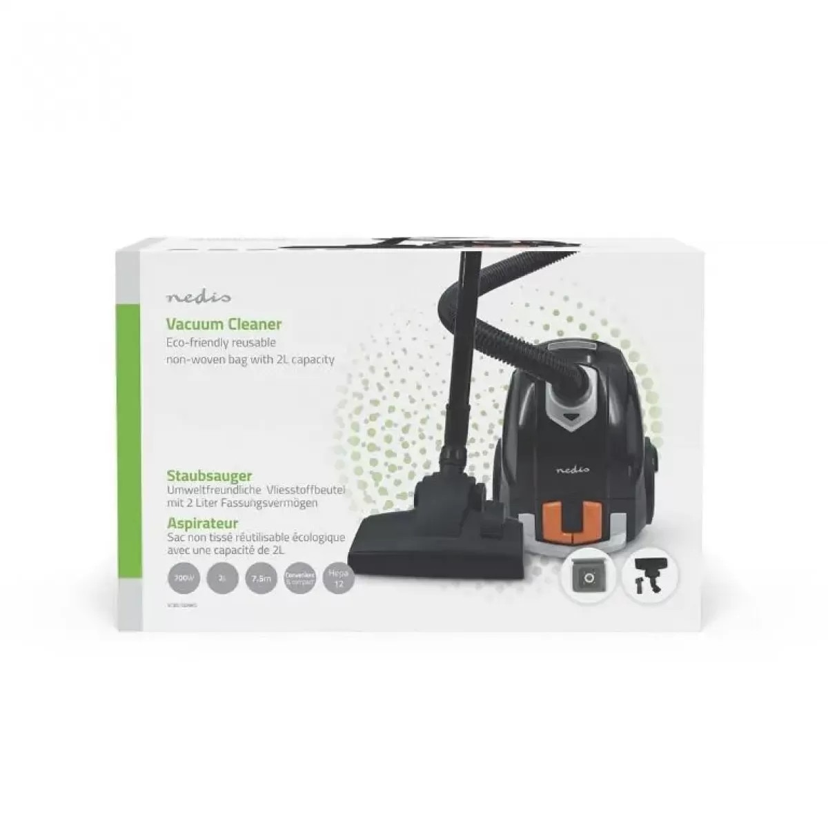 Aspirator cu Sac Nedis VCBG100BKG Capacitate Colectare Praf 2L Filtru HEPA 700W Negru/Portocaliu
