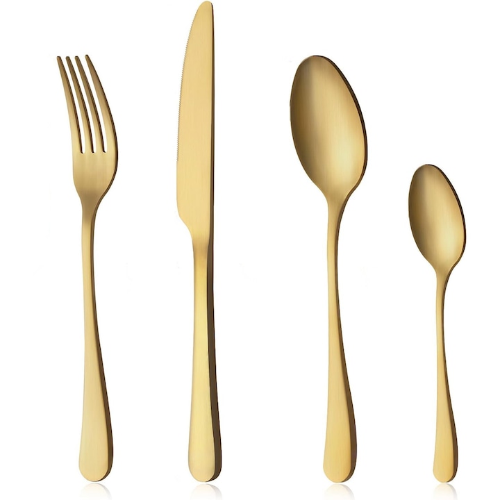 Комплект прибори Bewos, 24 части, за 6 души, устойчиви на корозия, неръждаема стомана, матово злато