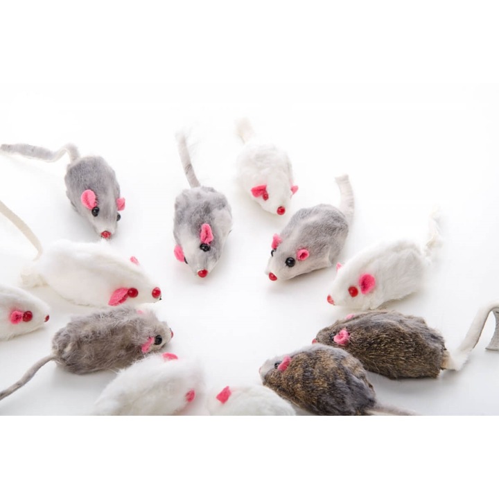 Set 12 Jucarii Soricel cu Blana de Iepure pentru Pisici, JK 4.5cm - Sunet, Stimuleaza Instinctul de Vanatoare