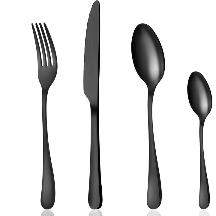 Комплект прибори за хранене за 6 души, 24 части, от неръждаема стомана, матово черен, висококачествен, включва ножове, вилици и лъжици, подходящ за съдомиялна машина