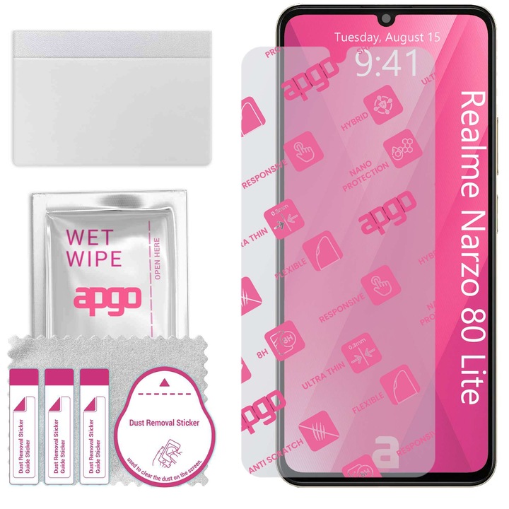 Apgo защитно стъкло за Realme Narzo 80 Lite - хибридно стъкло, протектор за екран, гланцово, гъвкаво хибридно стъкло, пълно лепене