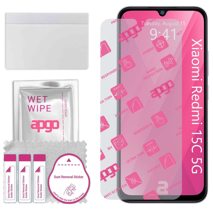 Apgo защитно стъкло за Xiaomi Redmi 15C 5G - хибридно стъкло, протектор за екран, гланцово, гъвкаво хибридно стъкло, пълно лепене