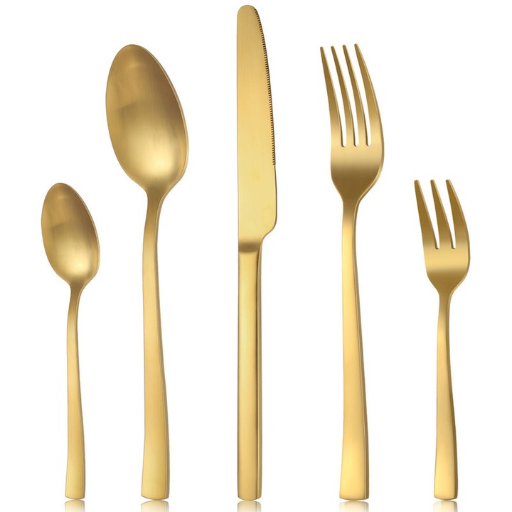 Set de tacamuri, 30 piese, pentru 6 persoane, din inox, rezistent la coroziune, lavabil in masina de spalat vase, auriu mat