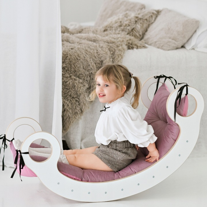 Balansoar multifunctional din lemn pentru copii, GUGI, 100 cm, cu perna, alb/roz