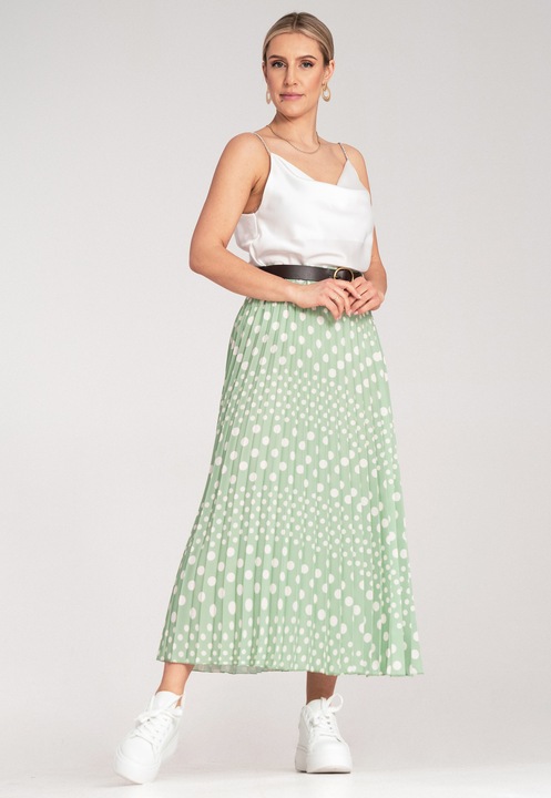 Fusta plisata Figl, verde, talie inalta, cu buline, poliester, S-M INTL