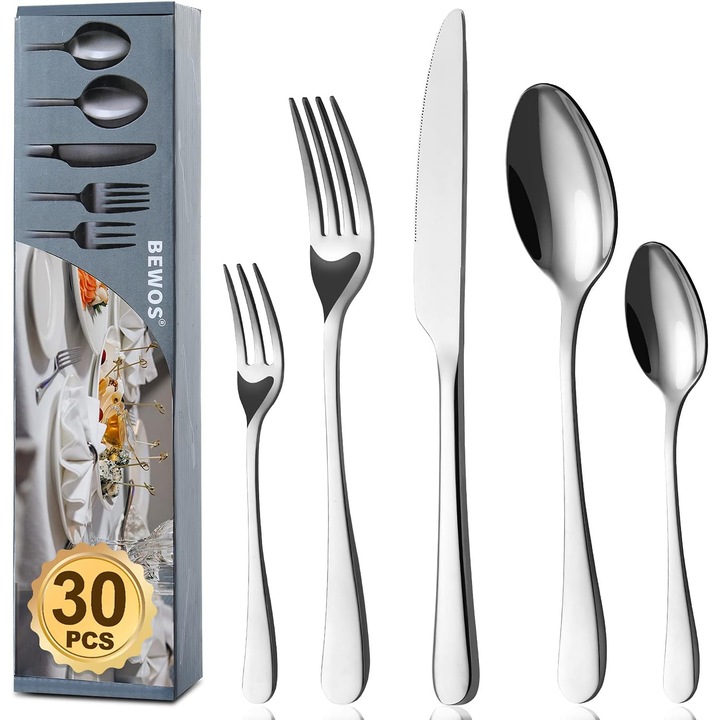 Комплект прибори за хранене Bewos, 30 части, за 6 човека, неръждаема стомана, гланц, издръжливи, сребристи