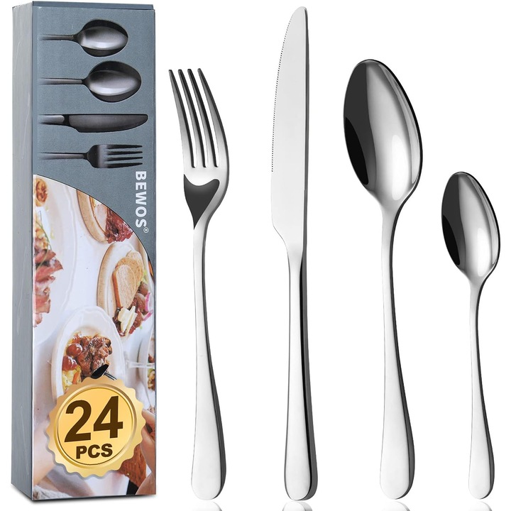 Комплект прибори за хранене Bewos, 24 части, за 6 души, неръждаема стомана, лъскав, издръжлив, сребрист
