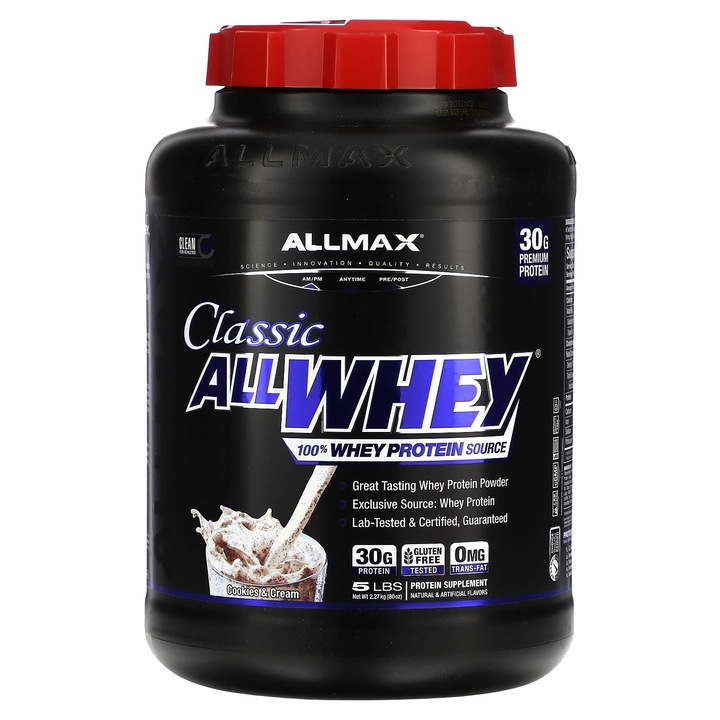 Proteina, AllMax, 100% proteina din zer, 30 g proteina, aroma de fursecuri cu crema, 2,27 kg