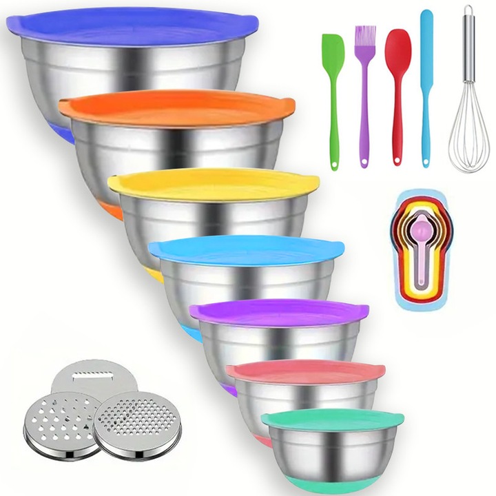 Комплект купи за готвене с капаци, рендета и прибори, 21 части, неръждаема стомана, 7 размера, противоплъзгаща основа, многоцветни