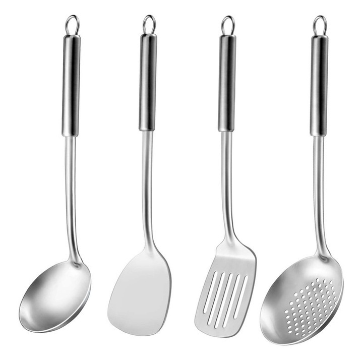 Set de 4 Ustensile de Bucatarie, din Otel Inoxidabil, Include: Spatula, Turnaret cu Fanta si Polonic