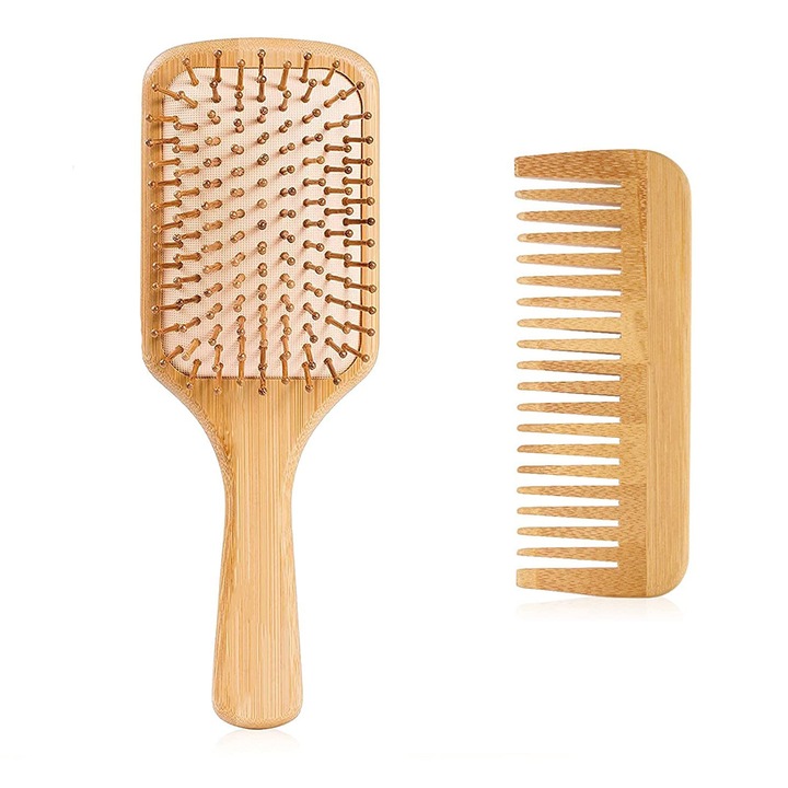 Set perie de par si pieptene BOMSTOM, bambus, efect de masaj, ergonomic, be