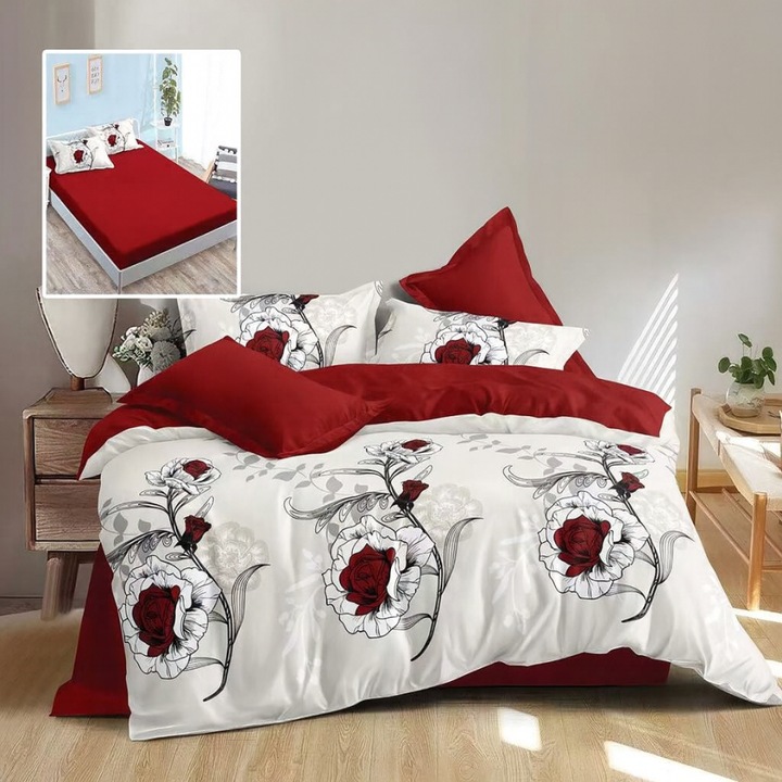 Lenjerie pat dublu din finet cu trandafiri rosii, cearceaf pat cu elastic 180x200 cm, 6 piese, Lenjerii Deosebite