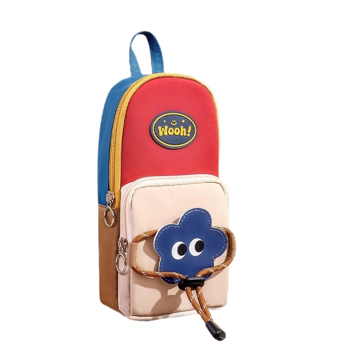 Retro iskolatáska, tolltartóval, nagy kapacitású, többszínű