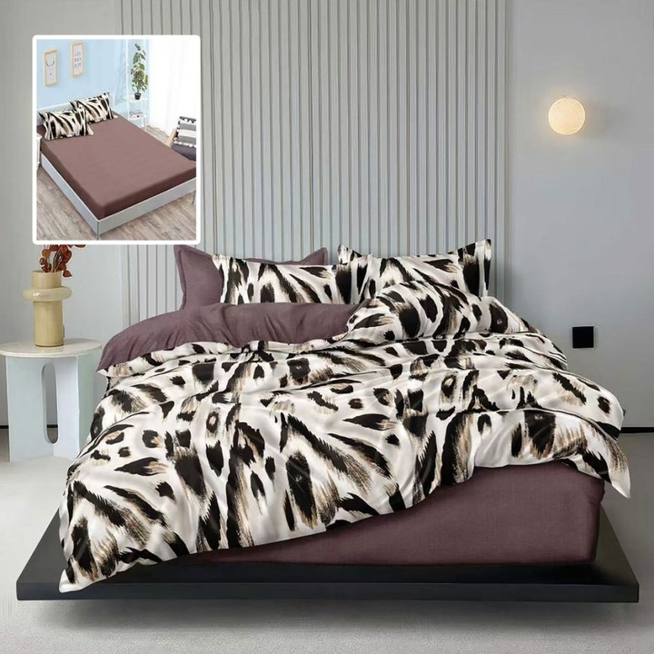 Lenjerie pat dublu din finet cu model animal print, cearceaf pat cu elastic 180x200 cm, 6 piese, Lenjerii Deosebite