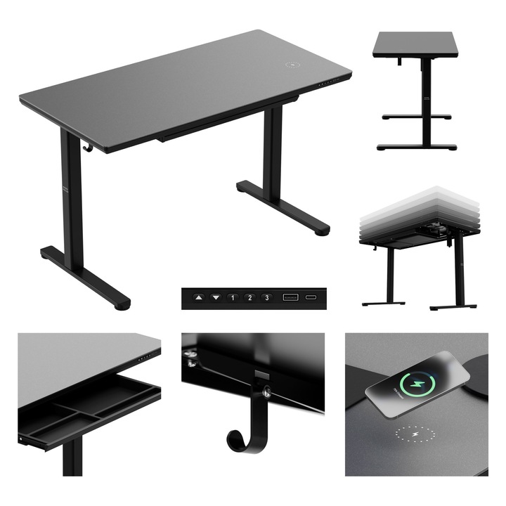 Mark Adler Leader 8.5, birou electric, cu sertar, Blat 140x70cm, reglare inaltime 72–118 cm, capacitate 50 kg, Negru