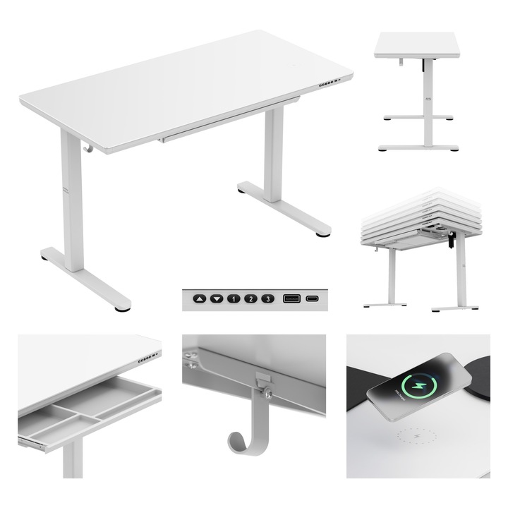 Mark Adler Leader 7.3, birou electric, Blat 140x70cm, reglare inaltime 72–118 cm, capacitate 50 kg, Alb