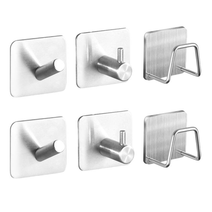 Set 6 carlige adezive inox, suport burete, argintiu, 5x5x3.5cm