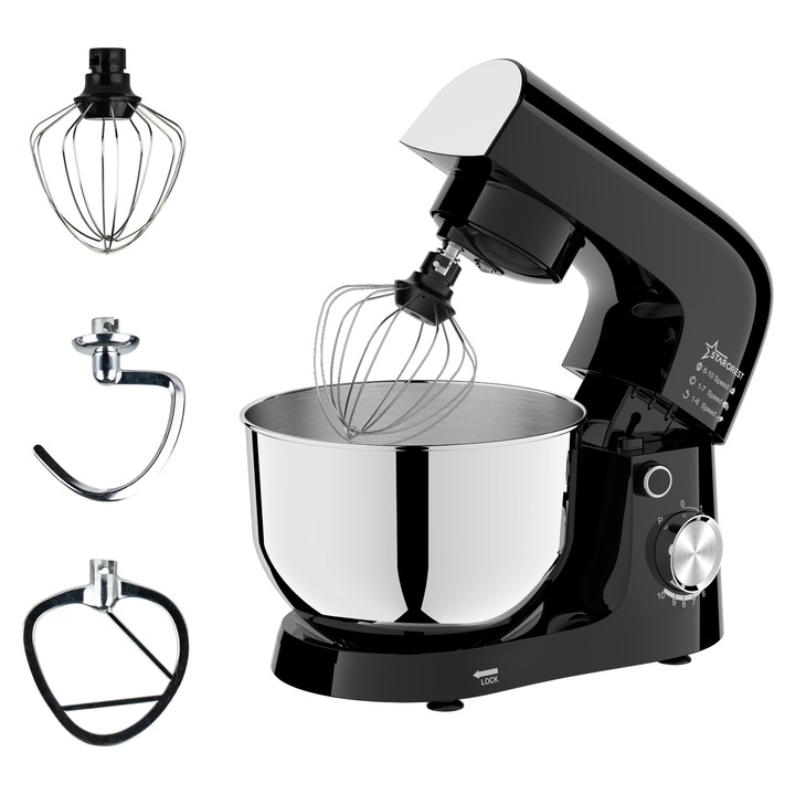 Robot de bucatarie STARCREST SKM-1015BK, 1500 W, Bol 4.5 L Inox, 5 Accesorii, 10 Viteze + Pulse, Negru