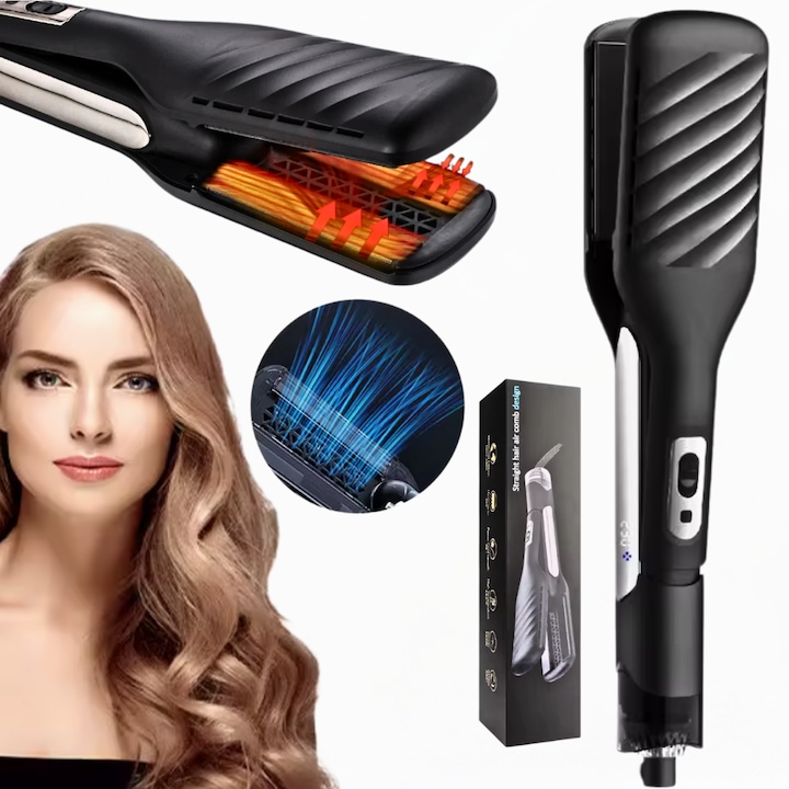 Професионална преса за коса Wanty® HS-800, 2 в 1 с включен въздушен гребен за изправяне и къдрене на коса, гребен с горещ въздух за ефикасно изглаждане, 6 температурни настройки от 130°C до 230°C, въртящ се на 360° кабел и керамични плочи, черна