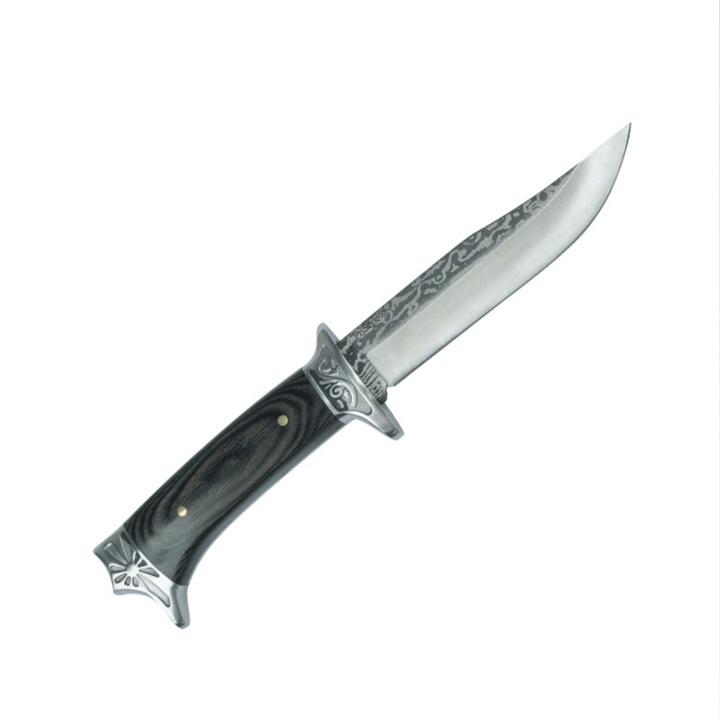 Cutit Tactic de Vanatoare si Camping "Taurus" – Lama din Otel Inoxidabil cu Gravura Artistica, Maner Ergonomic cu Decoratiuni Metalice, Teaca din Piele, 20 cm, PriStyle®