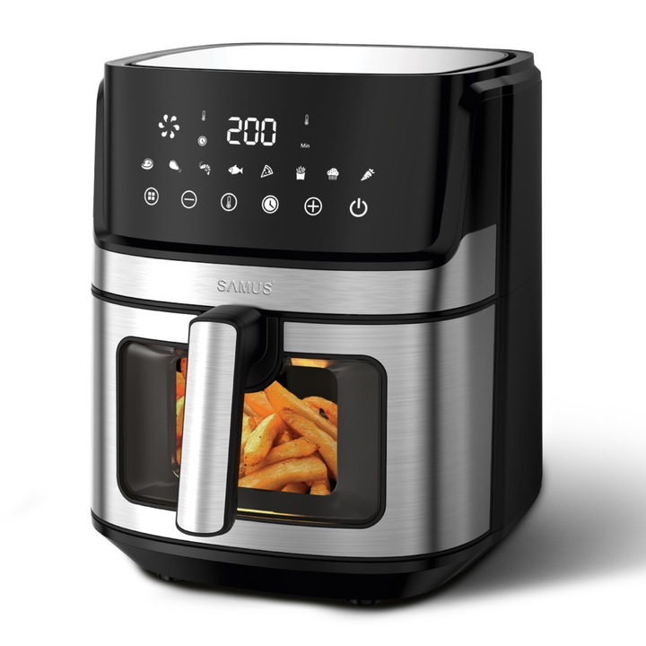 Friteuza cu aer cald Samus AF6.5B-S1700DW, 6.5 L, 1700 W, Afisaj electronic, Control digital tactil, Timer 0-60 min, 8 programe, Tehnologia Fry-Force 360°, Temperatura ajustabila 80-200°C