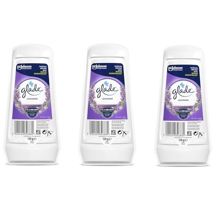 Pachet odorizant de aer pentru camera gel solid Glade, Lavanda, 3 x 150 g