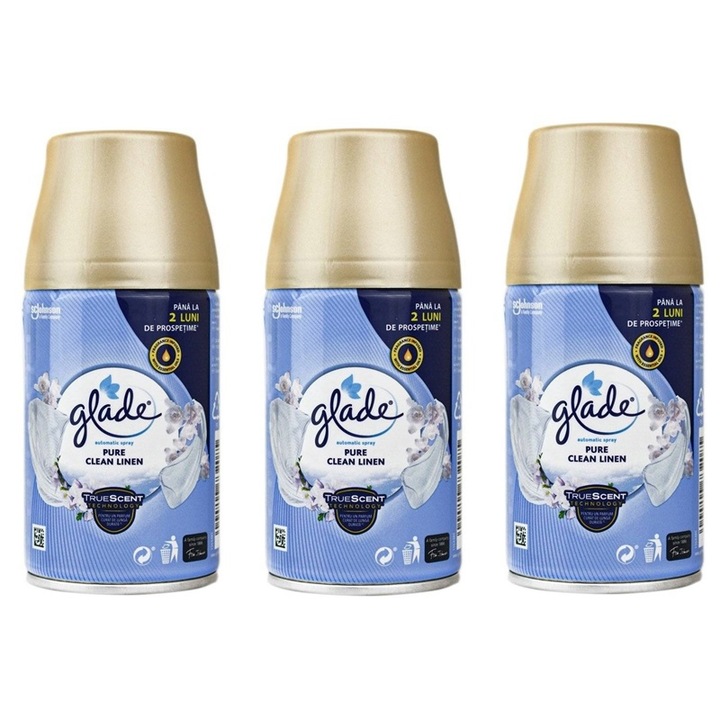 Pachet rezerve odorizant aer cu actiune continua pentru camera Glade Automatic Spray, Pure Clean Linen, 3 x 269 ml