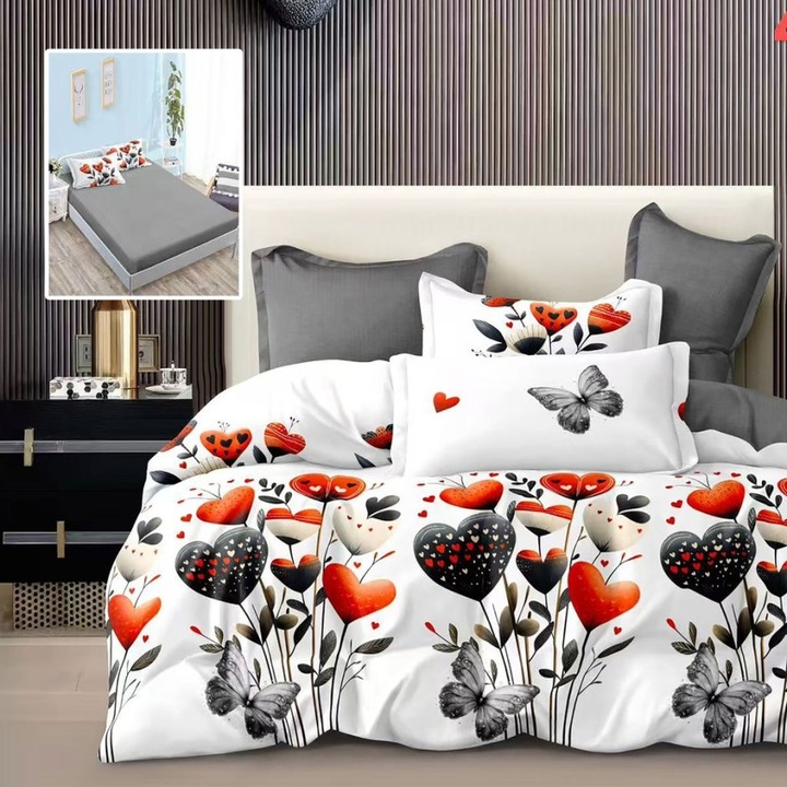 Lenjerie pat dublu din finet cu inimioare, cearceaf pat cu elastic 180x200 cm, 6 piese, Lenjerii Deosebite