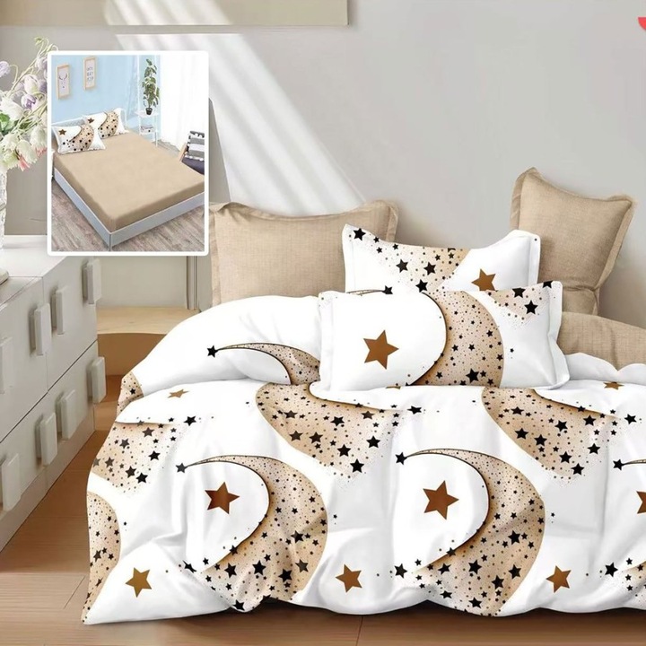 Lenjerie pat dublu din finet cu stele aurii, cearceaf pat cu elastic 180x200 cm, 6 piese, Lenjerii Deosebite