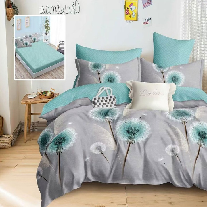 Lenjerie pat dublu din finet cu papadii, cearceaf pat cu elastic 180x200 cm, 6 piese, Lenjerii Deosebite