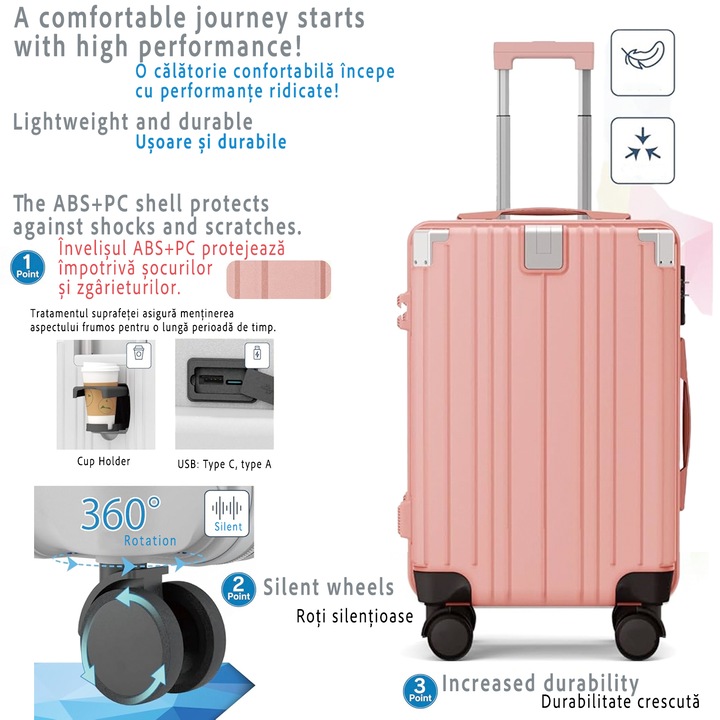 Куфар среден размер Quasar & Co.® модел ZENO, 66x45x26см, ABS+PC куфар, количка с Шифър, телескопична дръжка, куфар с 4 безшумни двойни колела, въртящи се на 360°, поставка за чаши, Розово