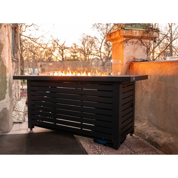 Masa pentru exterior, material metal texturat, culoare negru dimensiuni 146cm, 66cm, 36cm