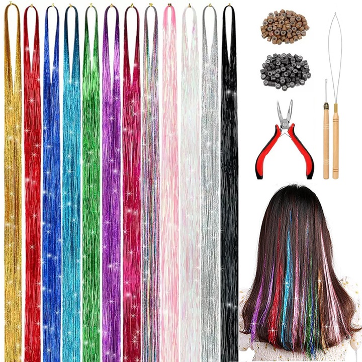 Set de 12 suvite de extensii de par stralucitor, marca ZOUN, complet cu accesorii de fixare. Usor de utilizat. Lungime: 90 cm. 3500 suvite. Par uman natural. Disponibil in mai multe culori