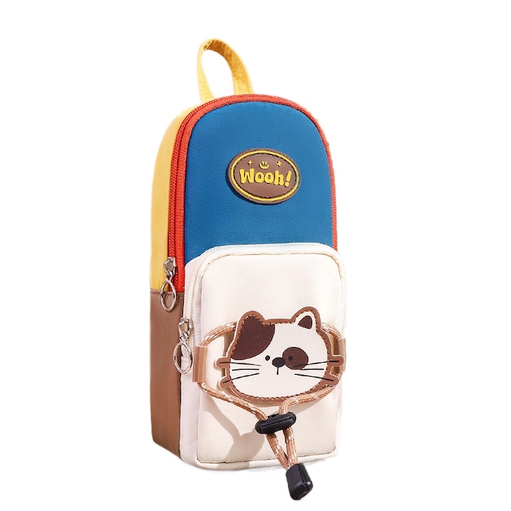 Retro iskolatáska, kontrasztos tolltartóval, cica mintával, nagy kapacitású, többszínű
