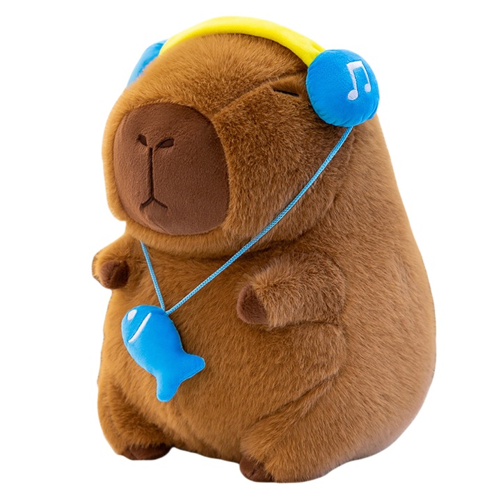 Capibara jucarie de plus, Capybara grasut, 30cm, Cu casti albastre si un colier cu pestisori, din bumbac, pufos, blana moale, material fin, animalut plusat, sigur pentru copii, jucarie terapeutica, cadou ideal, personaj cartoon, jucarie mangaiere