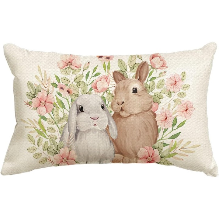 Декоративна калъфка за възглавница, модел Зайчета, текстил, 30 x 50 см, бежов/розов