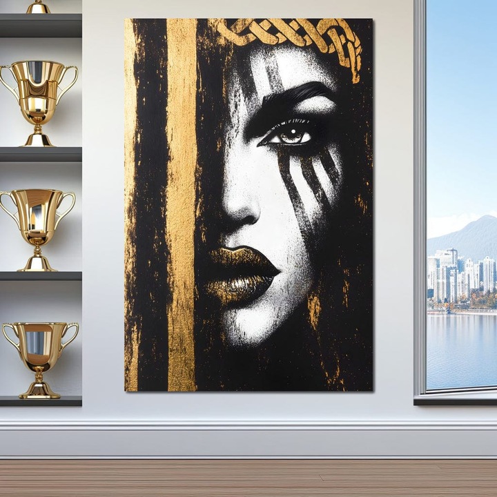 Премиум картина върху платно, LuxCanva® G1148, Жена в сенките, 70 X 100 см, 100% памучно платно 400 г/м2, дървена рамка, мистерия, кралица, императорска, корона, воин, мистицизъм, изразителност, устни, лице, сила, офис, хол, спалня