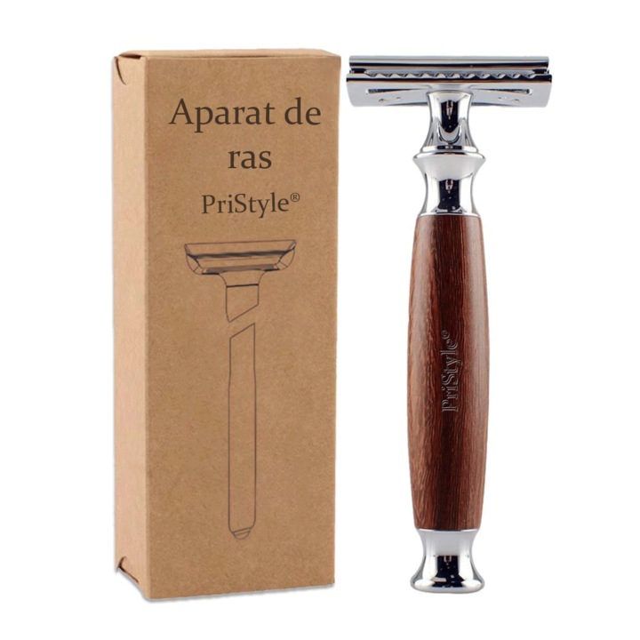 Hagyományos borotvapengék dupla pengével, prémium kivitelben, fa nyéllel és rozsdamentes acél bevonattal, szakállra, bajuszra és precíz kontúrozásra alkalmas, ezüst, Pristyle®