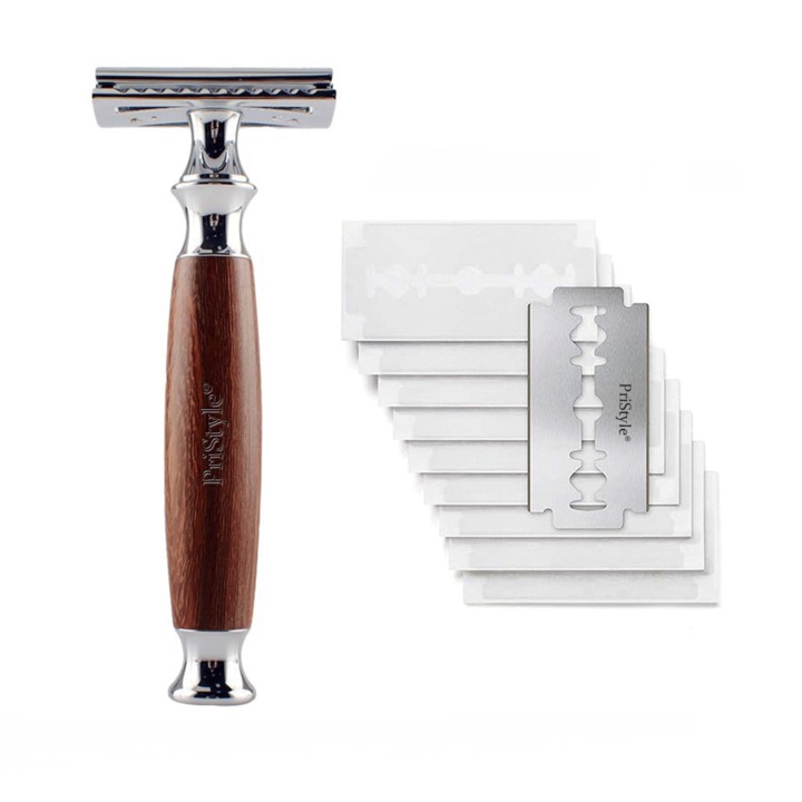 Hagyományos borotvakészlet, dupla pengével és 10 pótpengével, prémium kivitelben, fa nyéllel és rozsdamentes acél bevonattal, szakállra, bajuszra és precíz kontúrozásra alkalmas, ezüst, Pristyle®