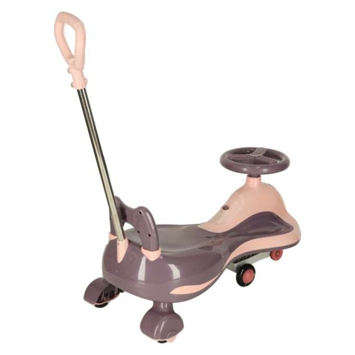 Masinuta gravitationala pentru copii, Zola, Swing car, efecte sonore si luminoase, maner ghidare, greutate maxima suportata 100 Kg, 74 x 31.5 x 90 cm, roz/mov