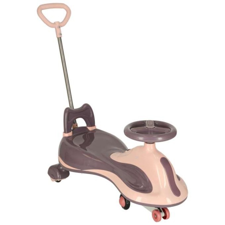 Masinuta gravitationala pentru copii, Zola, Swing car, efecte sonore si luminoase, maner ghidare, greutate maxima suportata 100 Kg, 74 x 31.5 x 90 cm, roz/mov