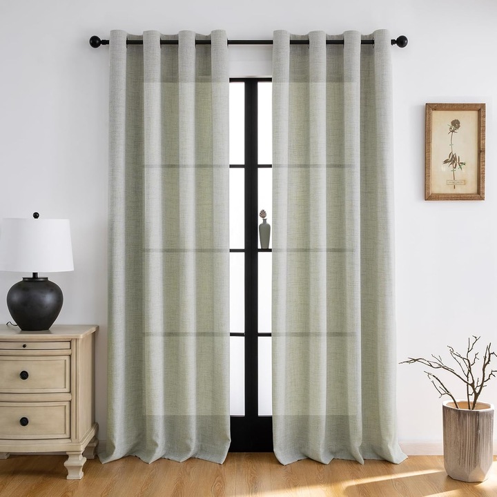 Комплект от 2 завеси Melodiex, 140 x 260 см, полупрозрачни, с халки, имитация на лен, естествен цвят